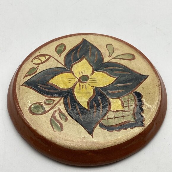 Art Pottery Trivet Glazed Floral Terra Cotta Handcrafted Welder Vtg Round Rustic - Picture 1 of 9